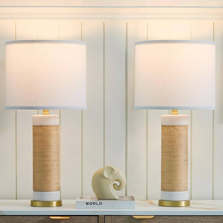 25.75” Rattan Ceramic Lamps for Living Room Set of 2, Farmhouse Table Lamp for Nightstand, Whit... | Amazon (US)