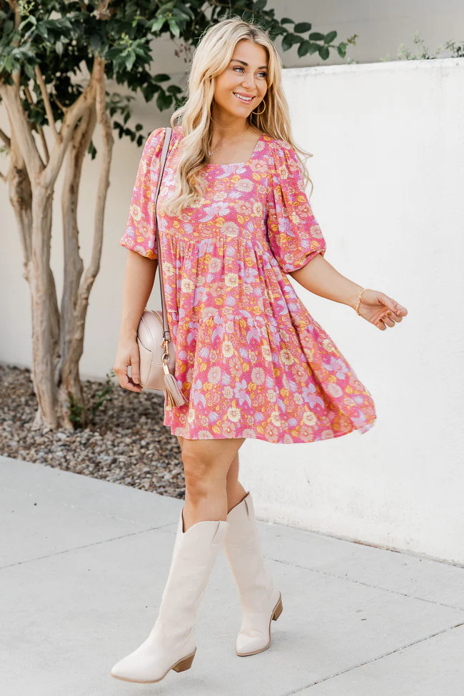 Blissful Nights Mauve Floral Square Neck Mini Dress | Pink Lily