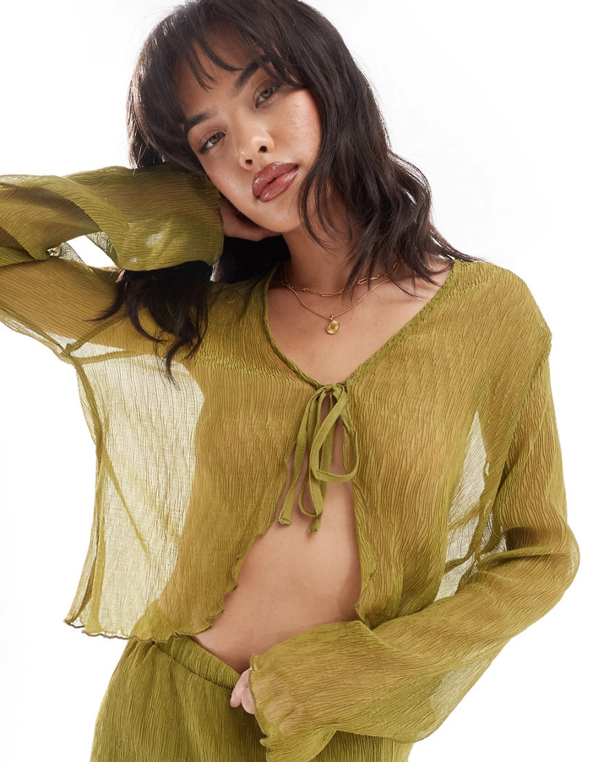 Pieces woven sheer plisse tie front top in green - part of a set | ASOS (Global)