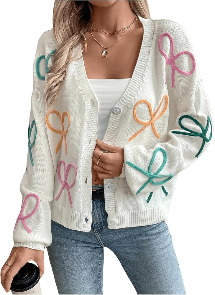 WDIRARA Women's Bow Button Down Cardigan V Neck Long Sleeve Drop Shoulder Knit Sweater | Amazon (US)