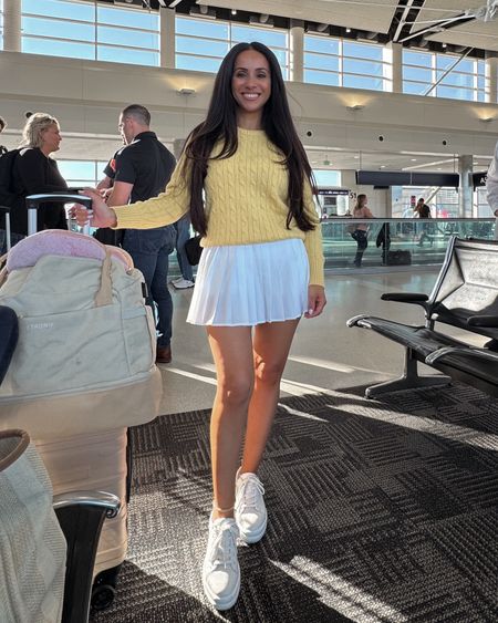 Airport travel attire! 
Lululemon skirt + Ralph Lauren sweater 

Skirt size: 4 
Sweater: large(kids) 

#LTKStyleTip #LTKOver40