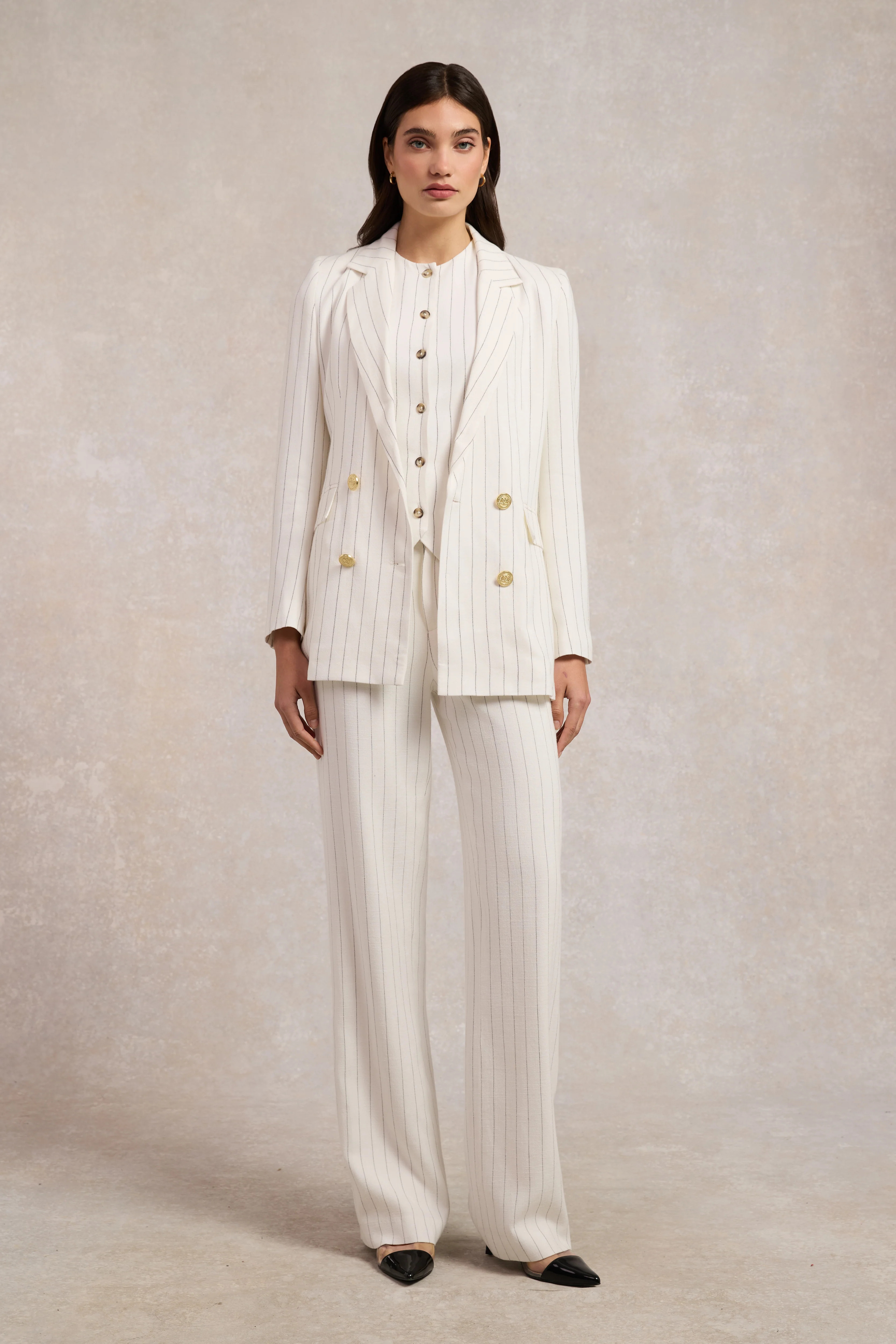 Double Breasted Blazer (Oyster Linen Pinstripe) | Holland Cooper