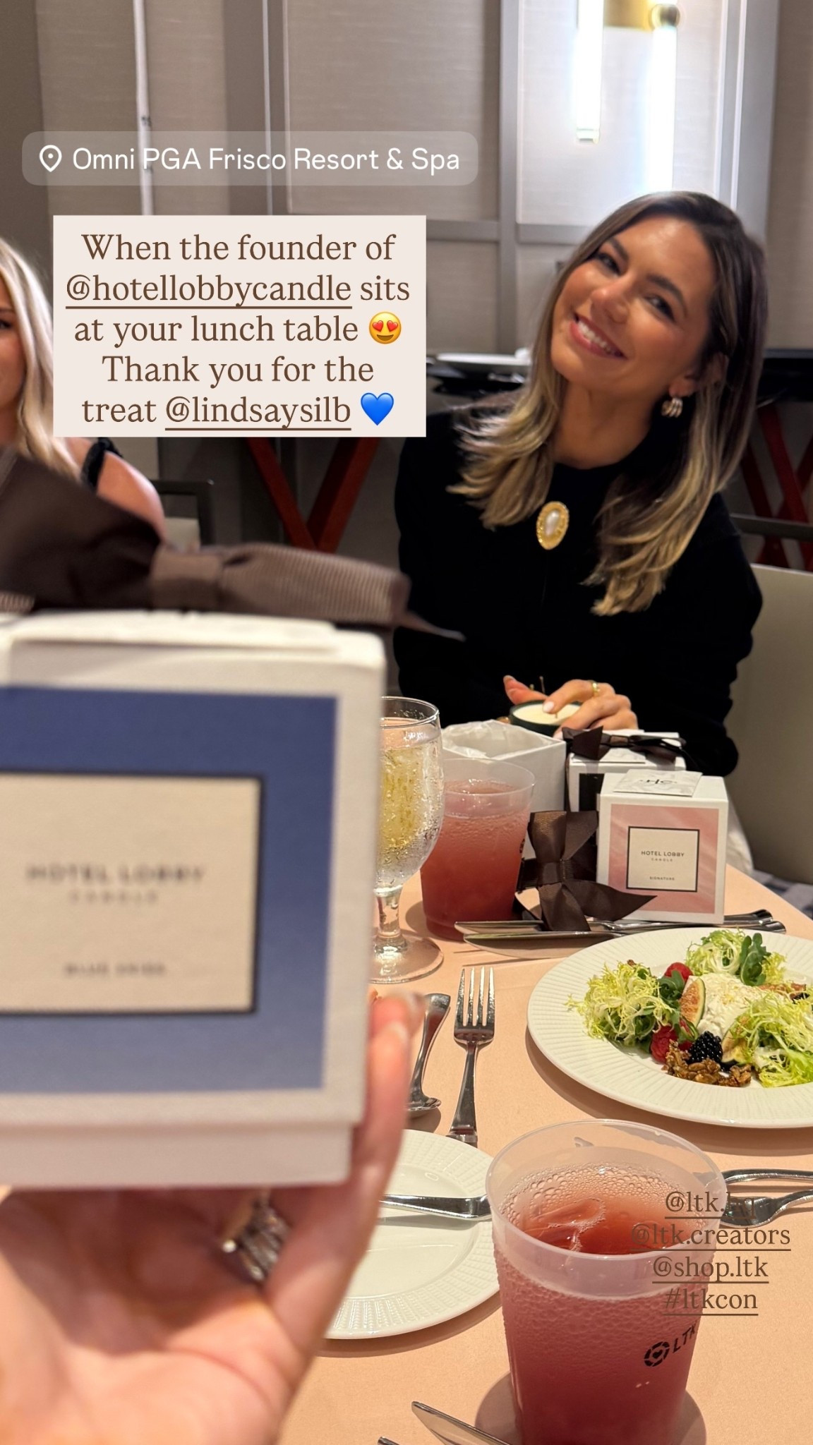 @ltk.hq 
@ltk.creators 
@shop.ltk 
#ltkcon  When the founder of @hotellobbycandle sits at your lunch table 😍Thank you for the treat @lindsaysilb 💙
Seasonal candles 

#LTKCon #LTKStyleTip #LTKFindsUnder100