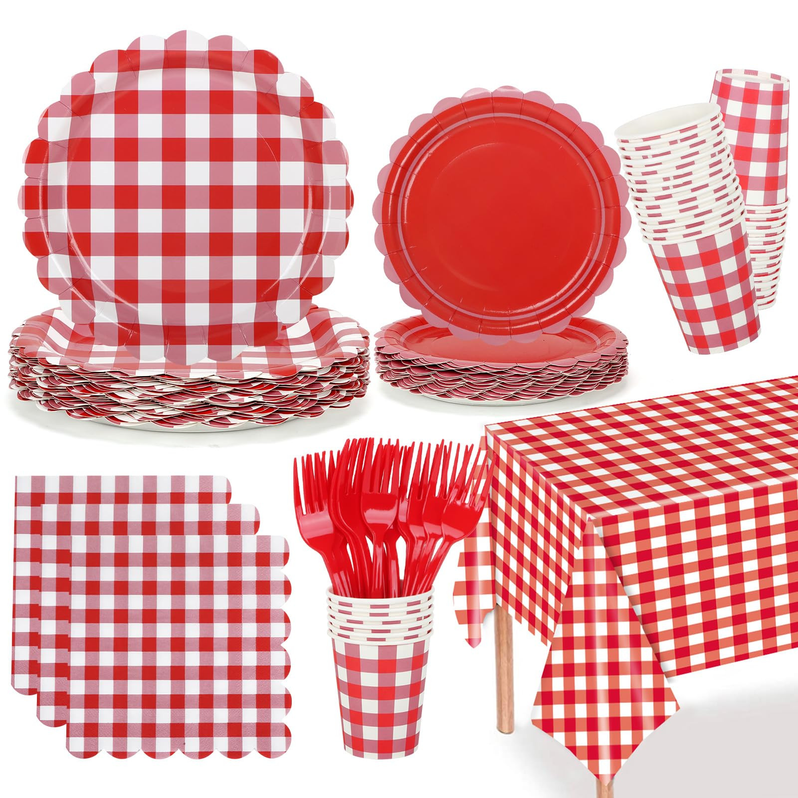 Red Gingham Party Supplies, Include 9’’and 7’’ Disposable Scalloped Red Paper Plates Napk... | Amazon (US)