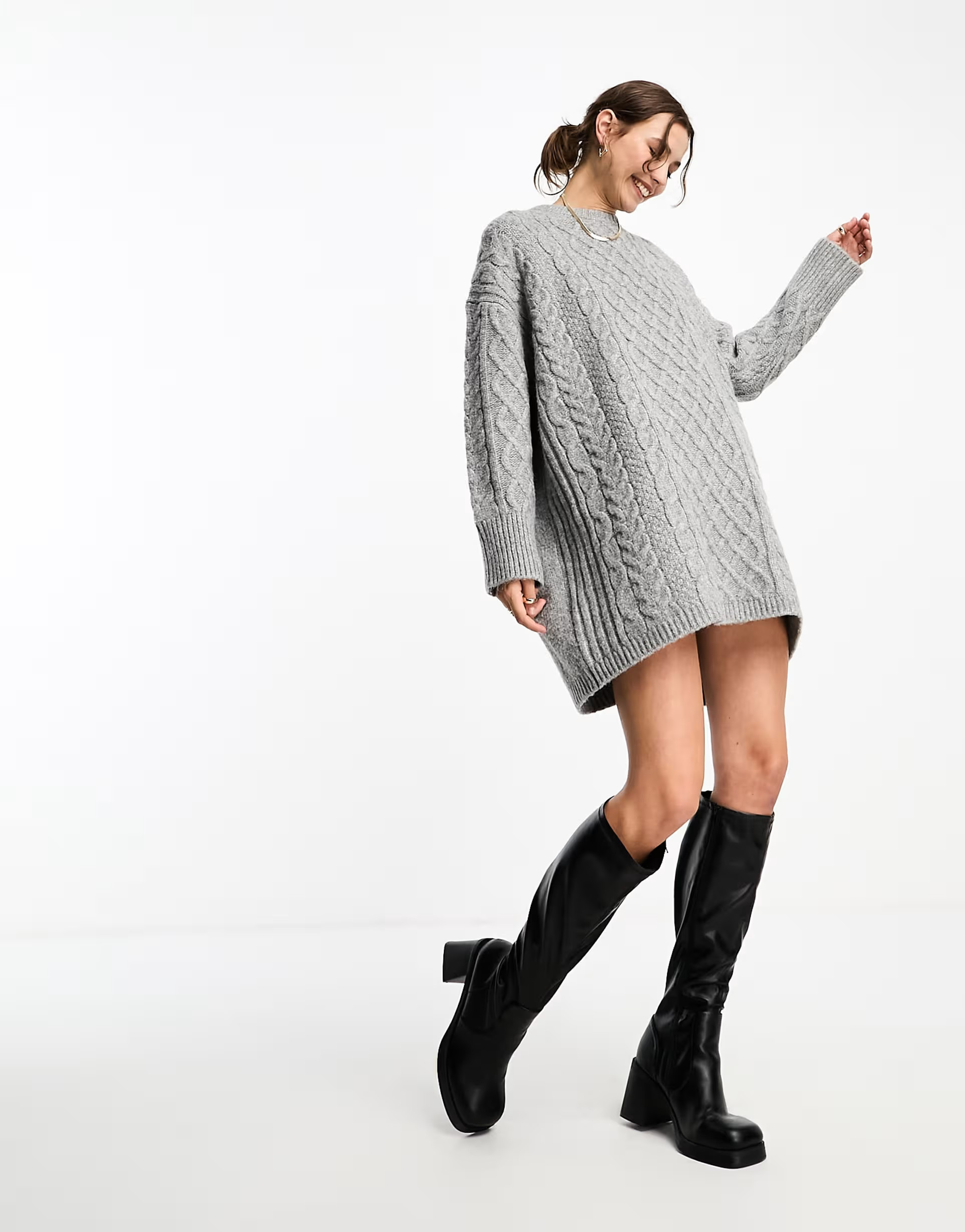 ASOS DESIGN knitted cable mini sweater dress in gray | ASOS (Global)