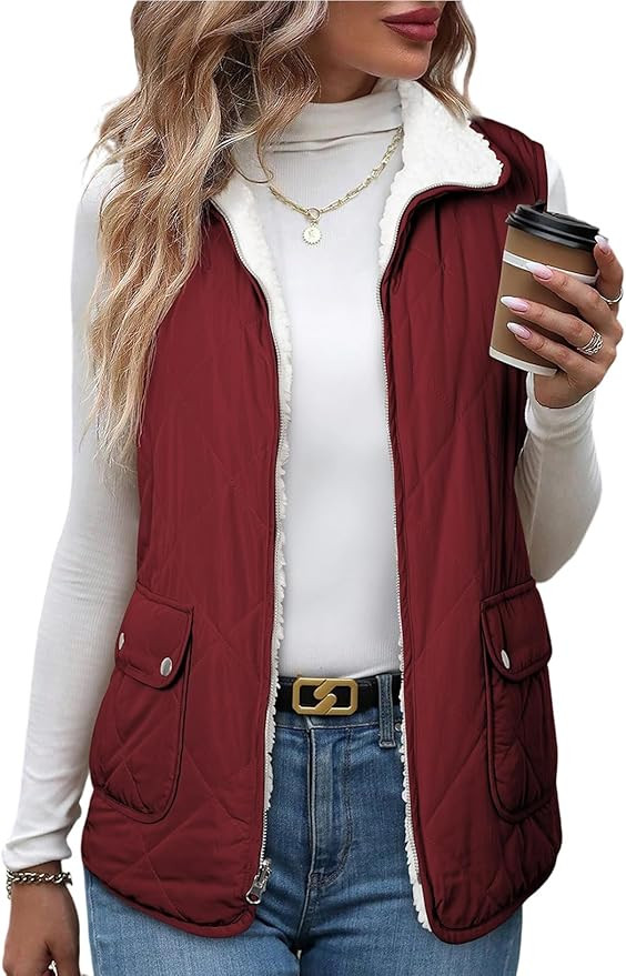 SHEWIN Women Puffer Vest Casual Stand Collar Sleeveless Puffer Jacket Warm Winter Reversible Zip ... | Amazon (US)