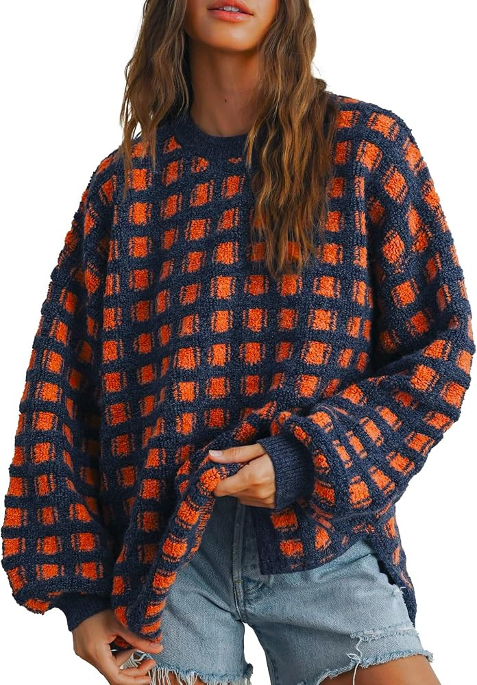 Hixiaohe Oversized Checkered Sweater for Women Trendy Pullover Sweaters Casual Long Sleeve Ribbed... | Amazon (US)