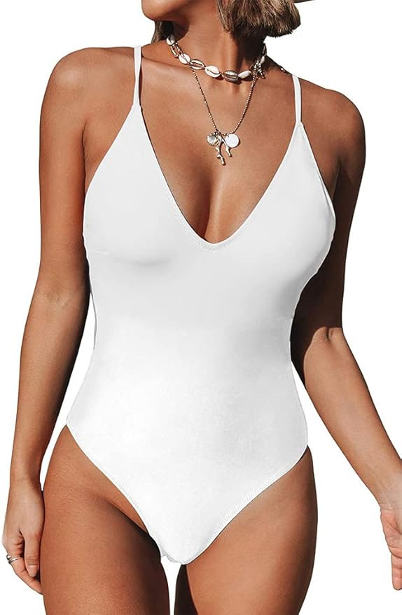 Women's One Piece Swimsuit Sexy V Neck Cross Back Bathing Suit High Cut Backless Swimwear | Amazon (US)