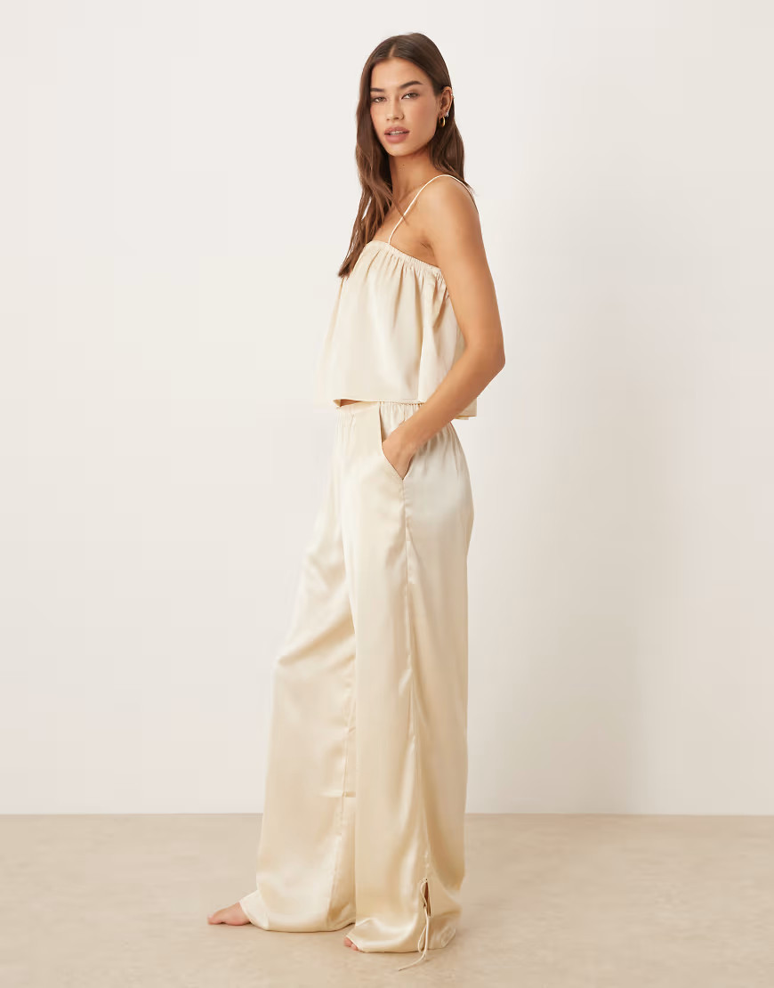 ASOS DESIGN satin wide leg pajama pants in ivory-White | ASOS (Global)