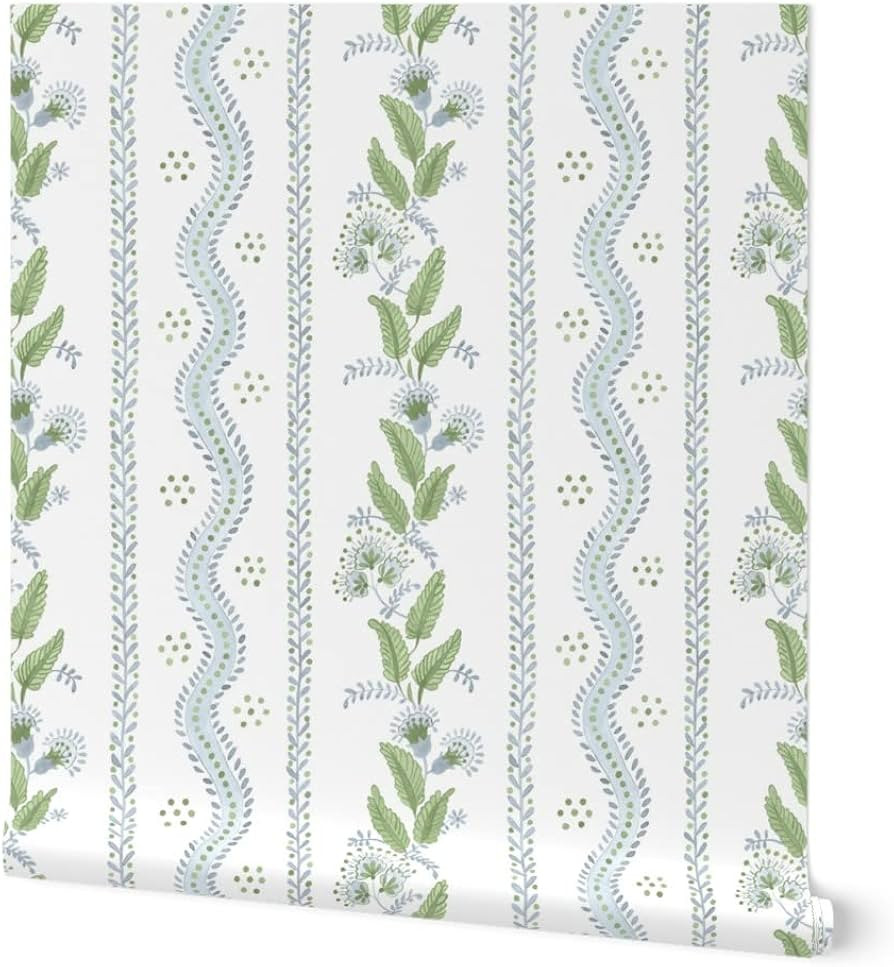 Peel & Stick Wallpaper 3ft x 2ft - Soft Blue Greens White Stripe Green Floral Dots Traditional Cu... | Amazon (US)