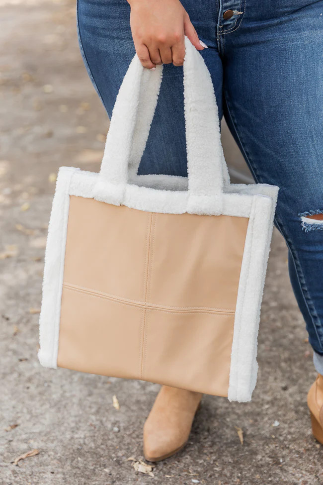 On Your Own Taupe Leather And Sherpa Trim Tote | Pink Lily