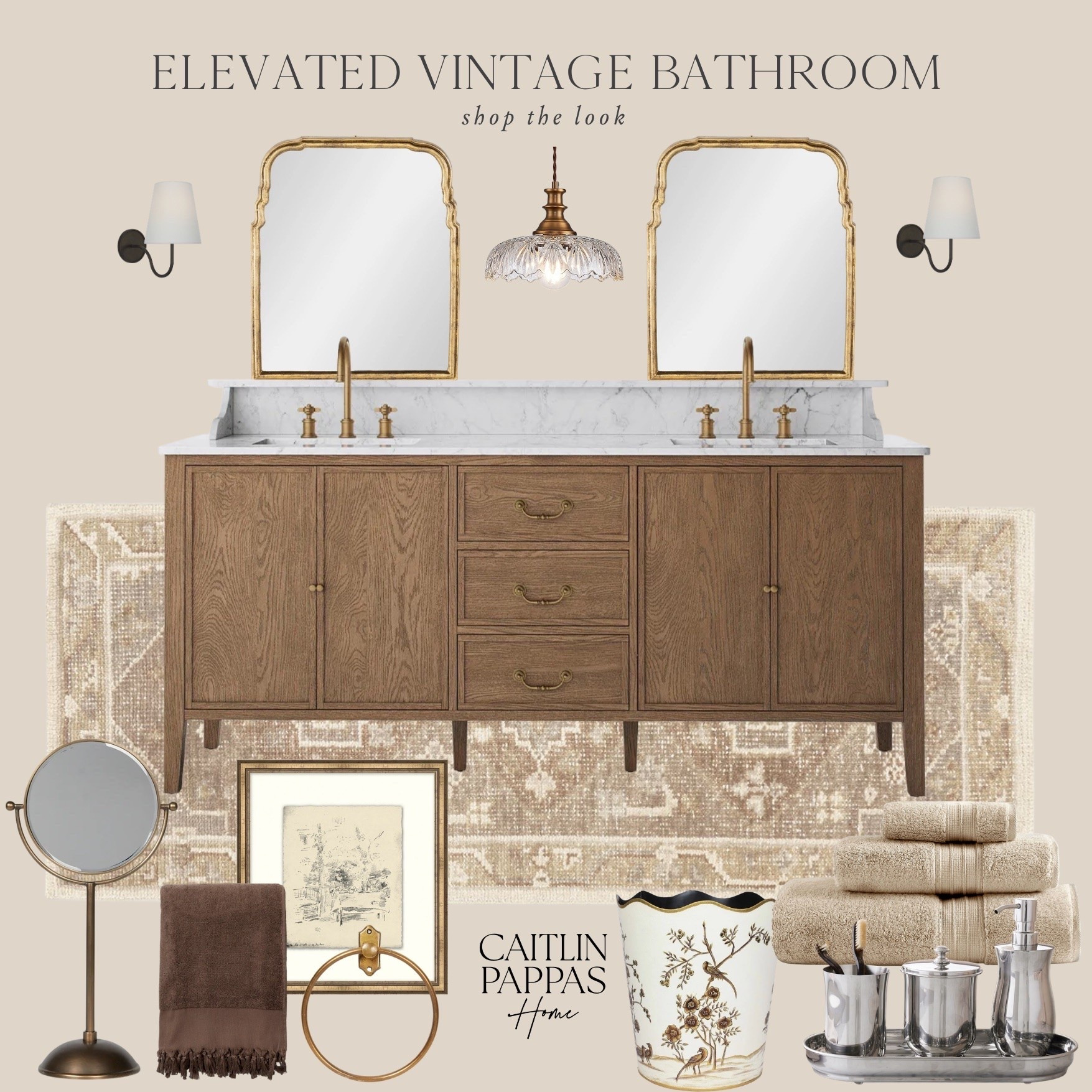 Vintage bathroom inspiration 🤎🛁 Loving this double sink vanity, these neutral bathroom finds, and this overall mood board! Perfect starting place to design your dream bathroom. 🙌🏻