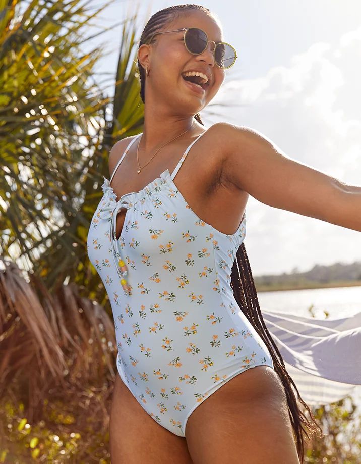 Aerie Printed Ruffle Keyhole One Piece Swimsuit | American Eagle Outfitters (US & CA)