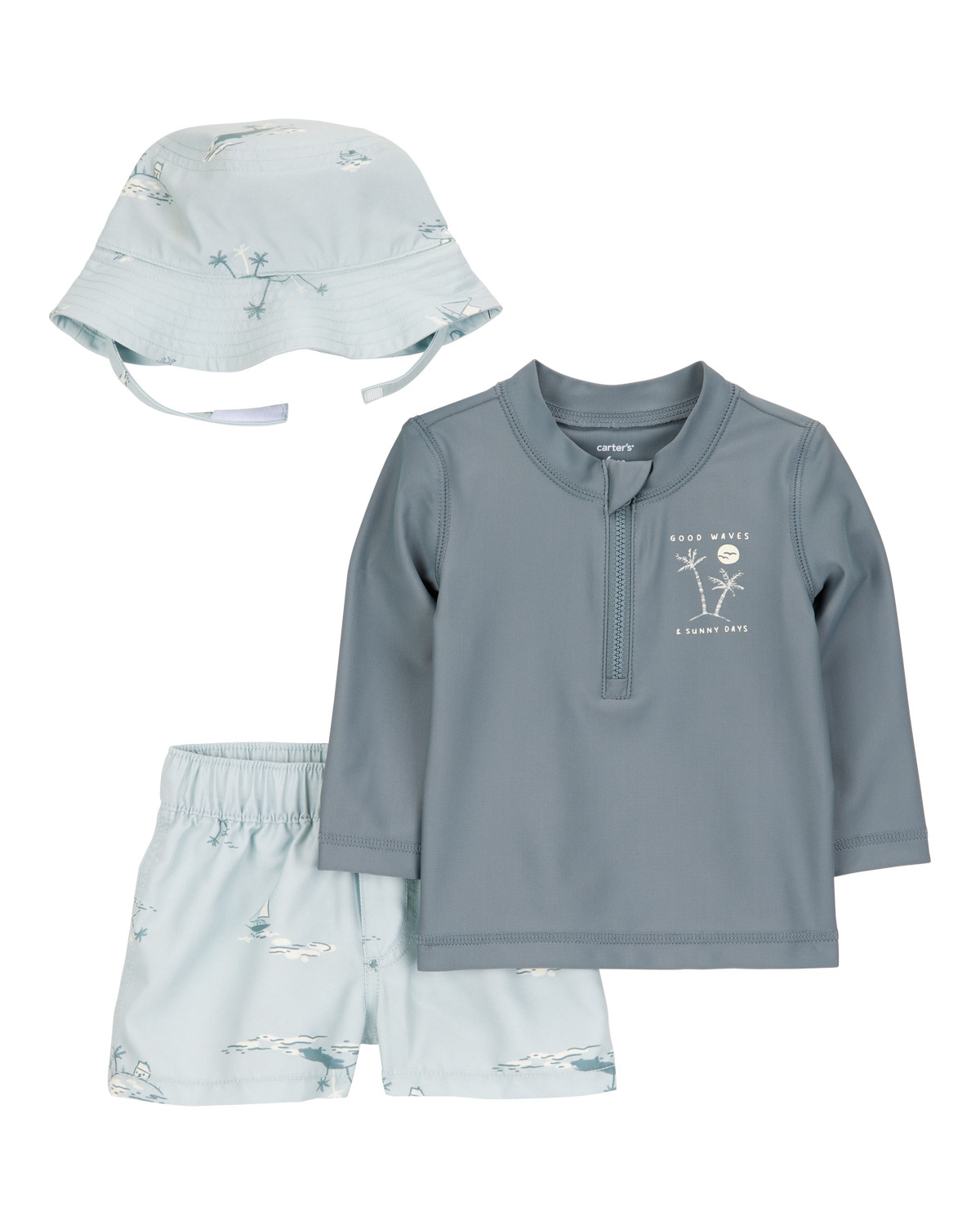 Baby 3-Piece Long-Sleeve Rashguard, Swim Trunk & Swim Hat Set - Grey/Blue | Carter's Inc
