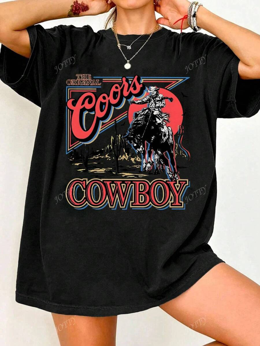 Oversized Women's Casual Round Neck Short Sleeve T-Shirt With Vintage Western Cowboy Print | SHEIN