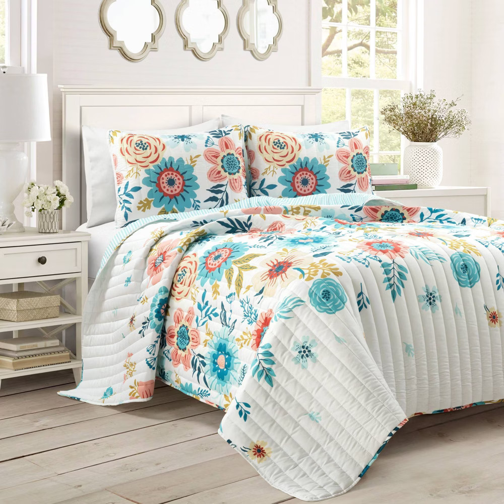 3pc King/California King Cottage Core Ariana Flower Reversible Oversized Quilt Set Blue/Dusty Pink - | Target