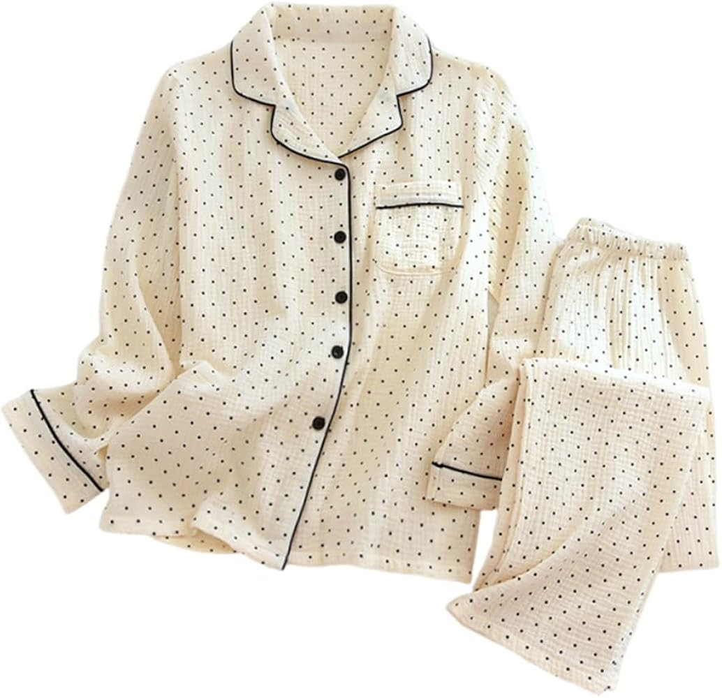 Women's Polka Dot Print Pajama Set Cotton Gauze Long Sleeve Button Down Shirt and Pants Muslin Sl... | Amazon (US)