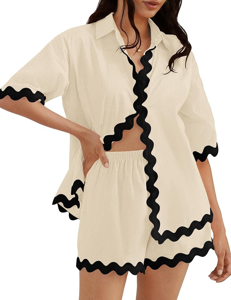 ZESICA Women's Button Down Pajama Set Line Short Sleeve Shirt and Shorts Pj Lounge Sets Sleepwear... | Amazon (US)