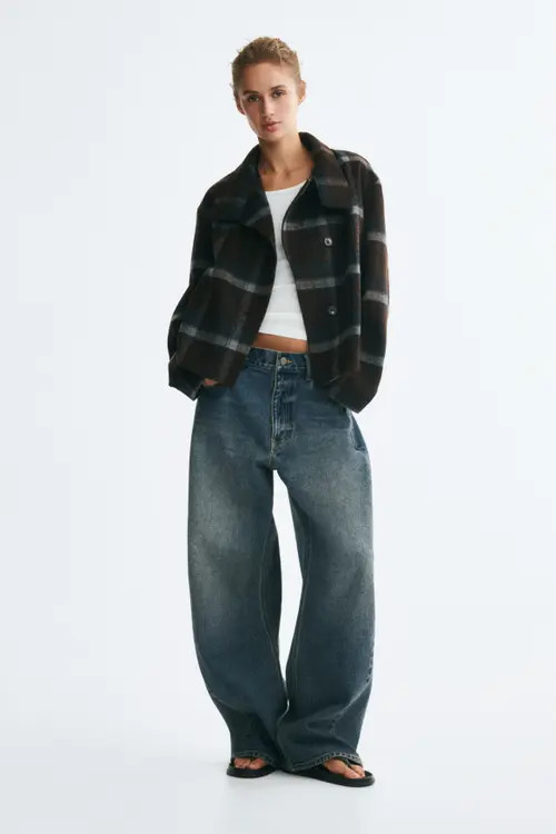 H&M Felted Funnel-Collar Jacket in Brown/plaid at Nordstrom, Size X-Small | Nordstrom