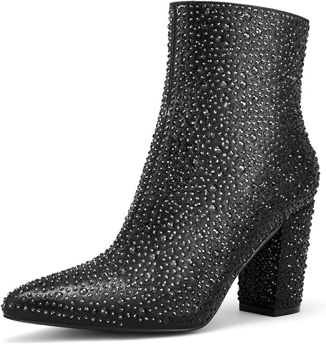Rollda Rhinestone Boots for Women Glitter Ankle Boots Pointed Toe Block Chunky Heel Boots Sparkly... | Amazon (US)