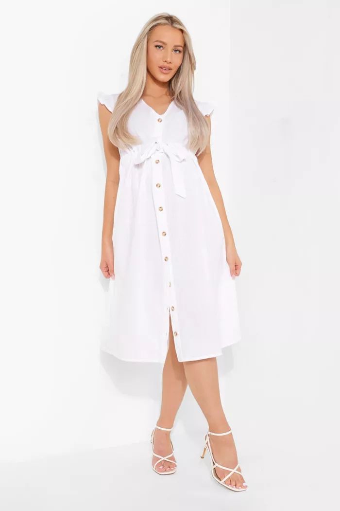 Maternity Cotton Button Down Midi Dress | boohoo (US & Canada)