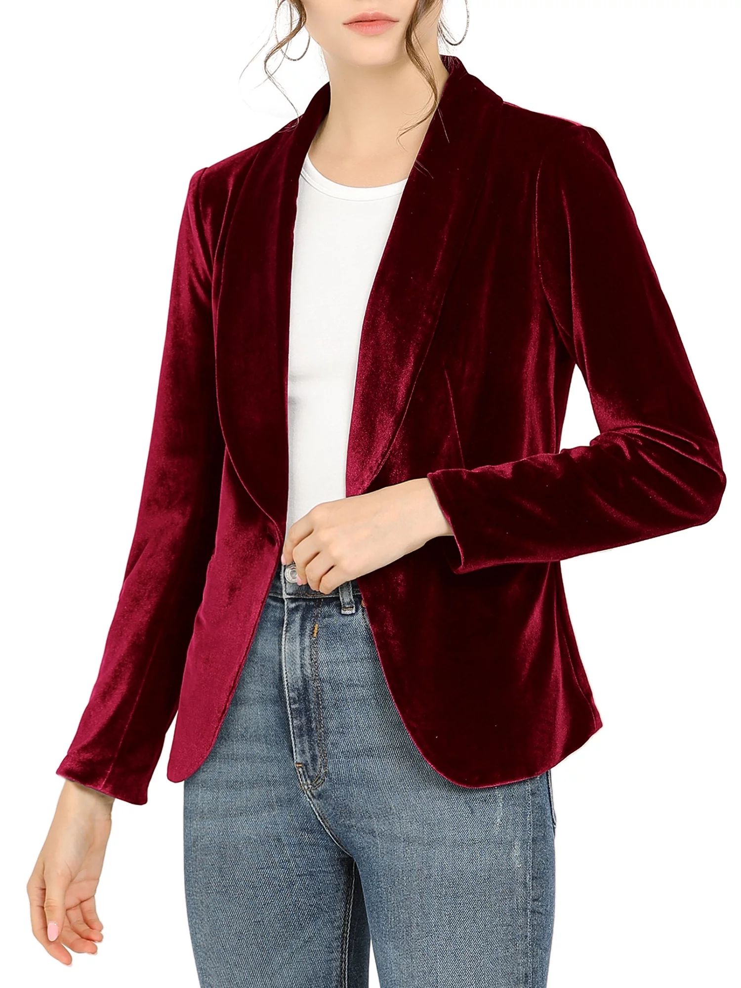 Allegra K Women's Christmas Holiday Work Shawl Collar Long Sleeve One Button Velvet Blazer | Walmart (US)