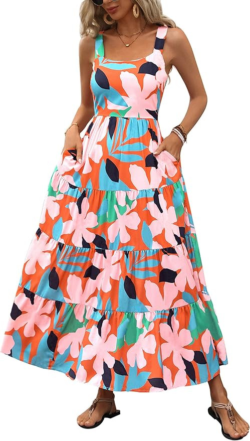 PRETTYGARDEN Women's Summer Floral Maxi Dress Sleeveless Smocked Ruffle Long Flowy Beach Vacation... | Amazon (US)