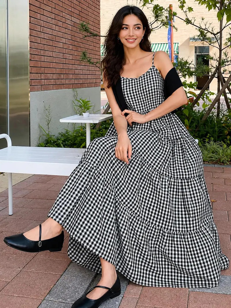 Black Gingham Tiered Maxi Dress for Women, Cotton Checkered Sundress, Sleeveless Summer Dress, Bo... | Etsy (Global)