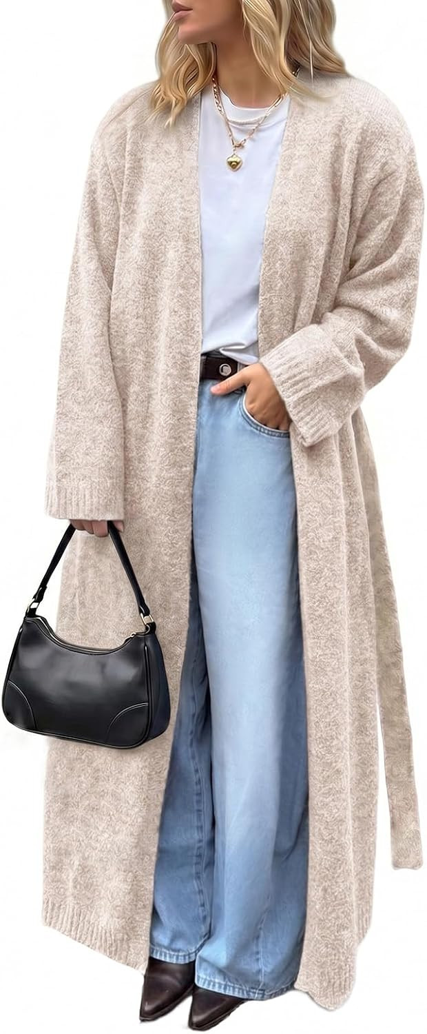 Tankaneo Womens Long Cardigan Sweater Oversized Open Front Coat with Belted | Amazon (US)