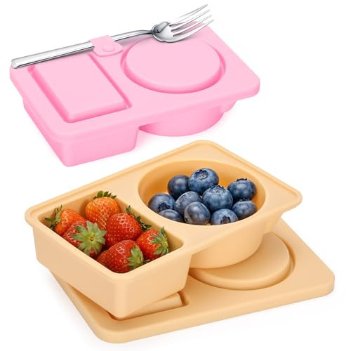 AGIFTMIND 2 PCS Silicone Snack Containers with Lids, Reusable Snack Containers Lunch Box with Double Compartment for Fruits Jams Condiments (Khaki&Pink, 2Pcs) | Amazon (US)