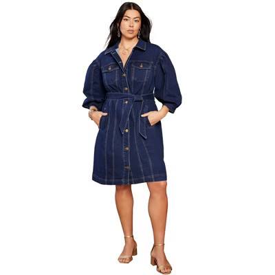 June & Vie Denim Shirtdress - 30/32, Dark Blue | Target