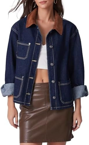 Kedera Women's Denim Jacket with Corduroy Collar Loose Fit Button Down Jean Shacket Vintage Class... | Amazon (US)