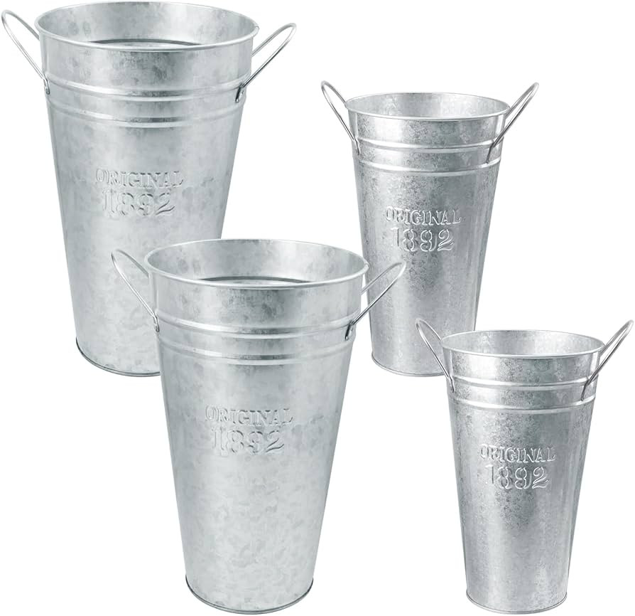 4 Packs 10 & 12 Inch Tall Galvanized Metal Flower Vases with Handles, Metal Flower Buckets for Cu... | Amazon (US)