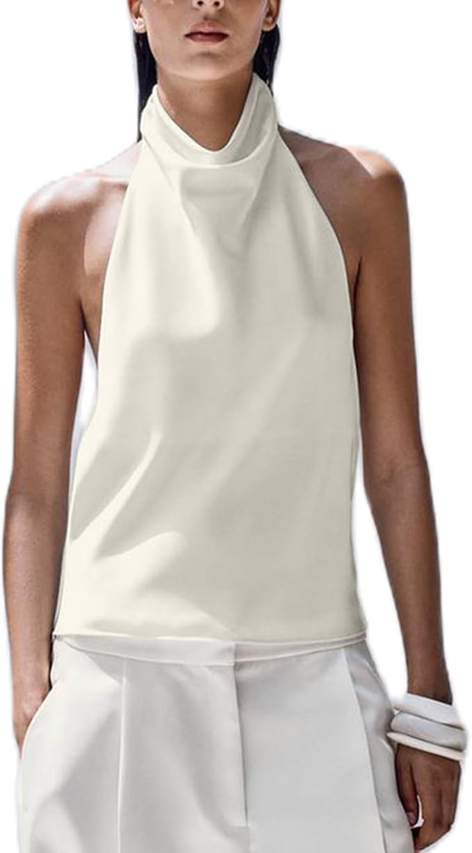 Women Mock Neck Satin Halter Tops Sexy Open Back High Neck Tank Tops Y2k Summer Going Out Tops | Amazon (US)