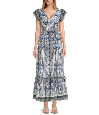 A Loves A Floral Printed Flutter Sleeve V Neck Self Tie Maxi Dress | Dillard's | Dillard's