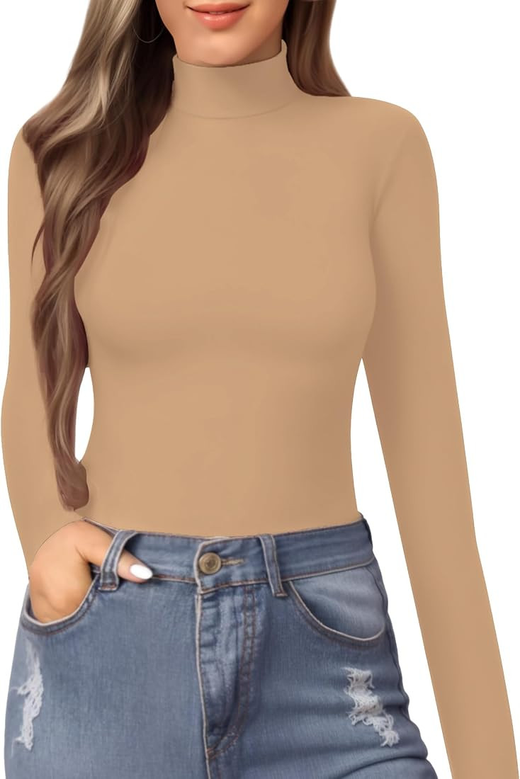 MANGOPOP Women's Mock Turtle Neck Slim Fit Long Sleeve T Shirt Tight Tops Tee | Amazon (US)