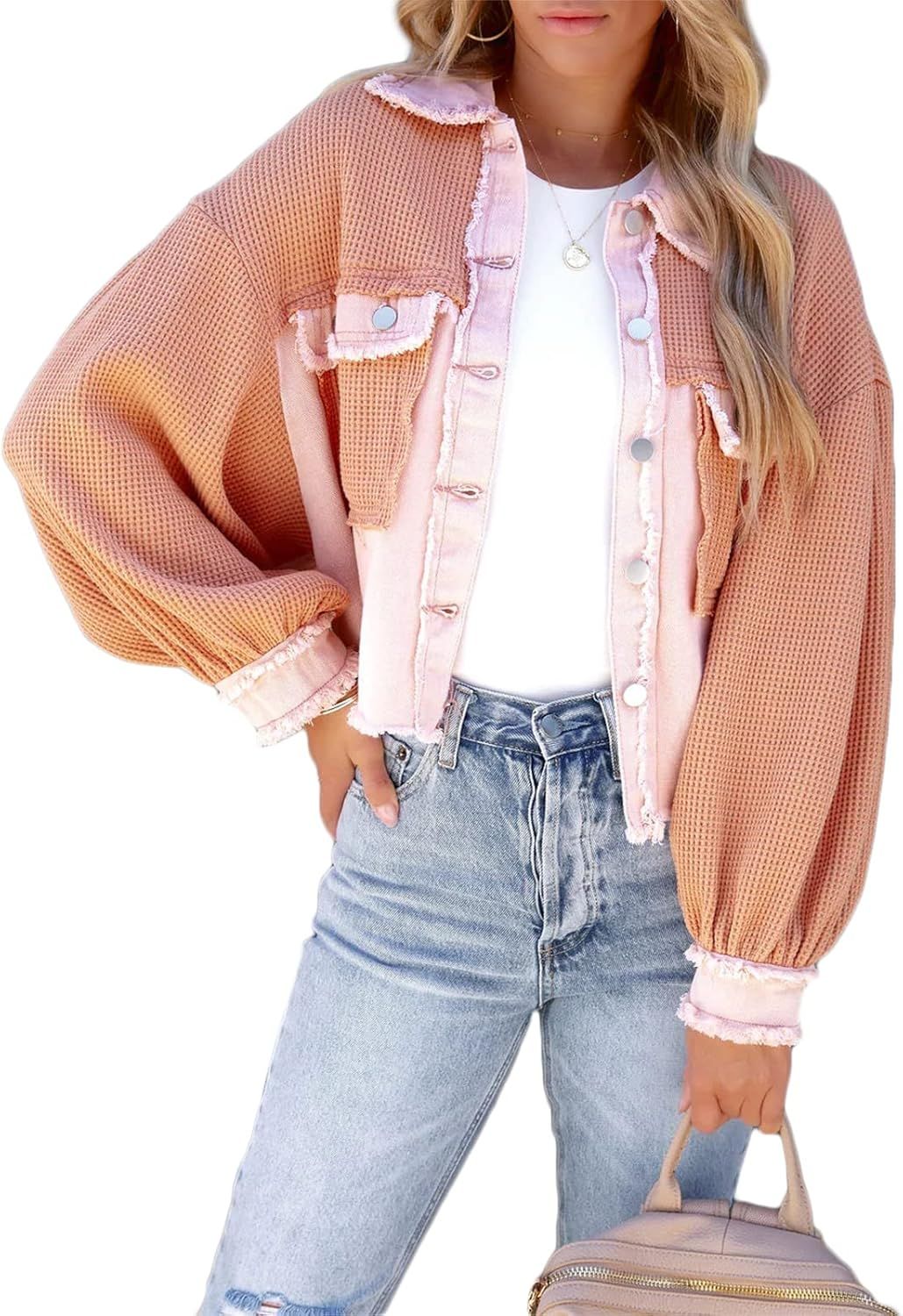 Women Waffle Knit Shacket Cropped Denim Stitching Button Down Loose Long Sleeve Jacket Tops | Amazon (US)