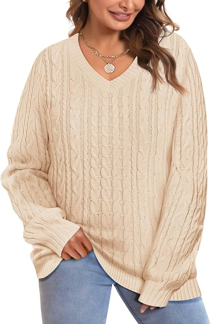 CARCOS Plus Size Women's Long Sleeve Cable Sweaters Vneck Pullover Knit Sweaters Preppy Style Fal... | Amazon (US)