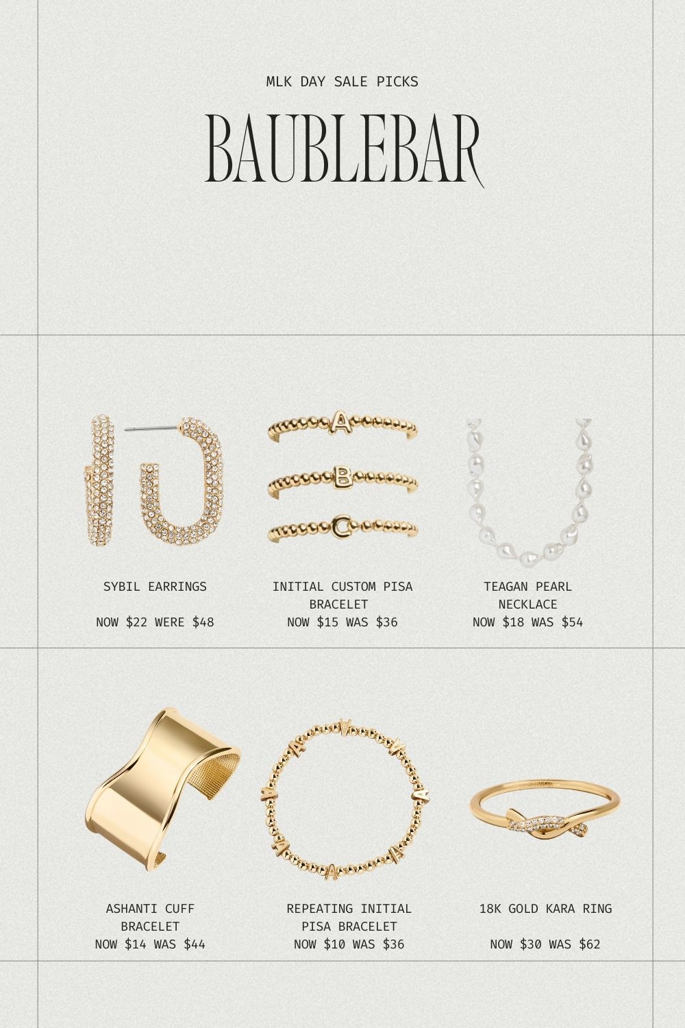 MLK day sale at baublebar. Here are some of the jewelry items I have in my cart!
Earrings 
Pearl necklace 
Cuff bracelet
Pisa bracelets
18k gold ring 

#LTKSaleAlert #LTKFindsUnder50 #LTKFindsUnder100