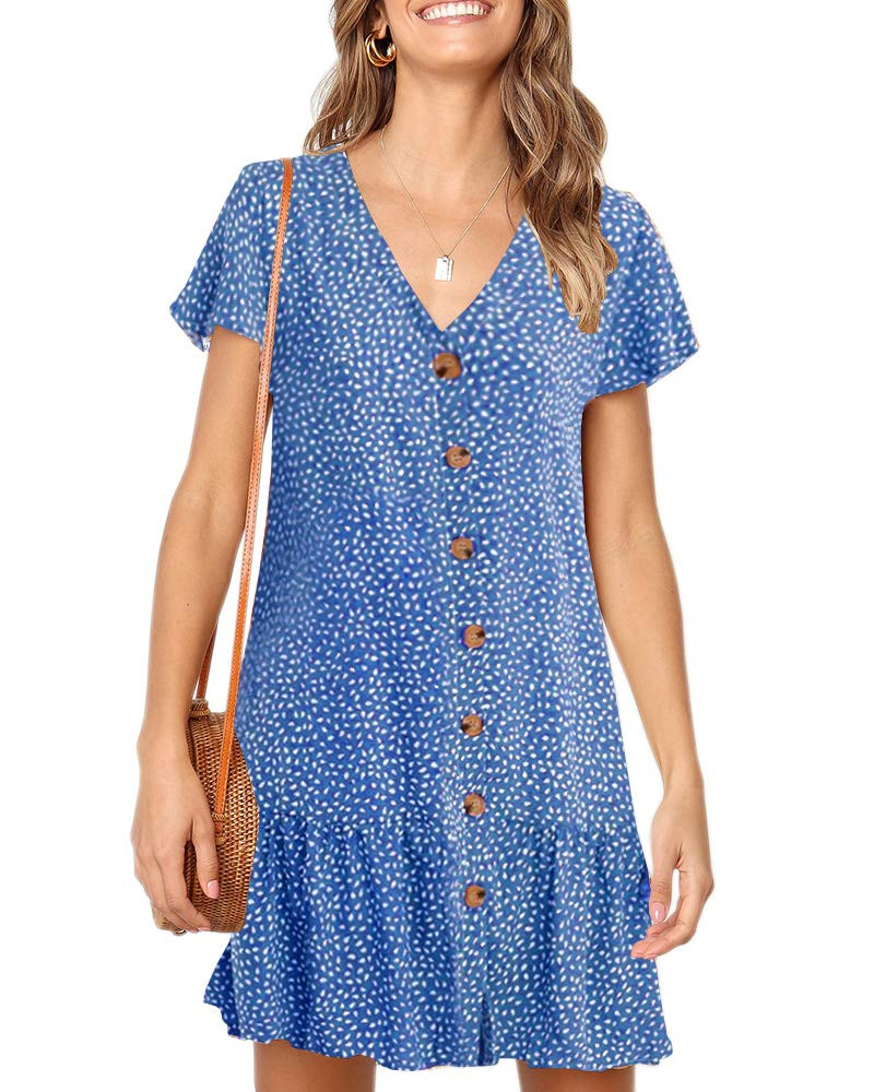 Imysty Womens Polka Dot V Neck Button Down Ruffles Loose Mini Short T-Shirt Dress | Amazon (US)