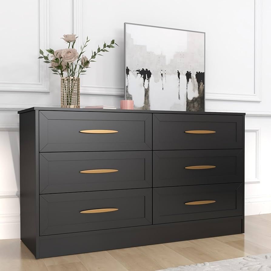 6 Drawer Dresser - Black Chest of Drawers with Gold Handles - Modern Storage Solution for Bedroom... | Amazon (US)