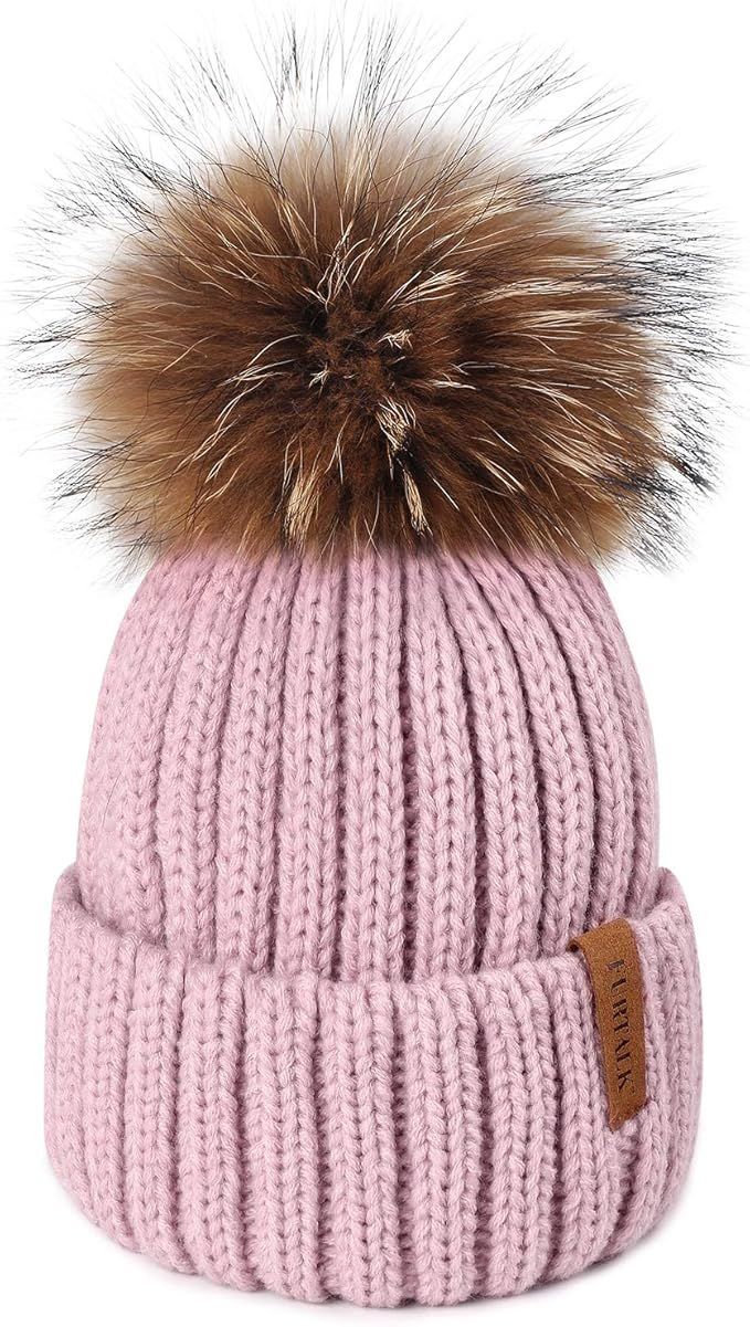 FURTALK Winter Knit Hat Detachable Real Raccoon Fur Pom Pom Womens Girls Warm Knit Beanie Hat | Amazon (US)