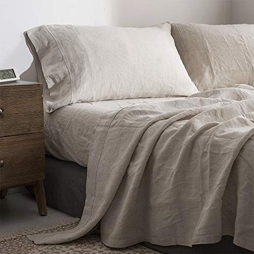 Simple&Opulence 100% Pure Linen Sheet Set Queen Size, Natural French Flax Solid Color 4 Pcs Washed Breathable, Farmhouse Bedding (1 Flat Sheet,1 Fitted Sheet,2 Pillowcases)-Embroidery Linen | Amazon (US)