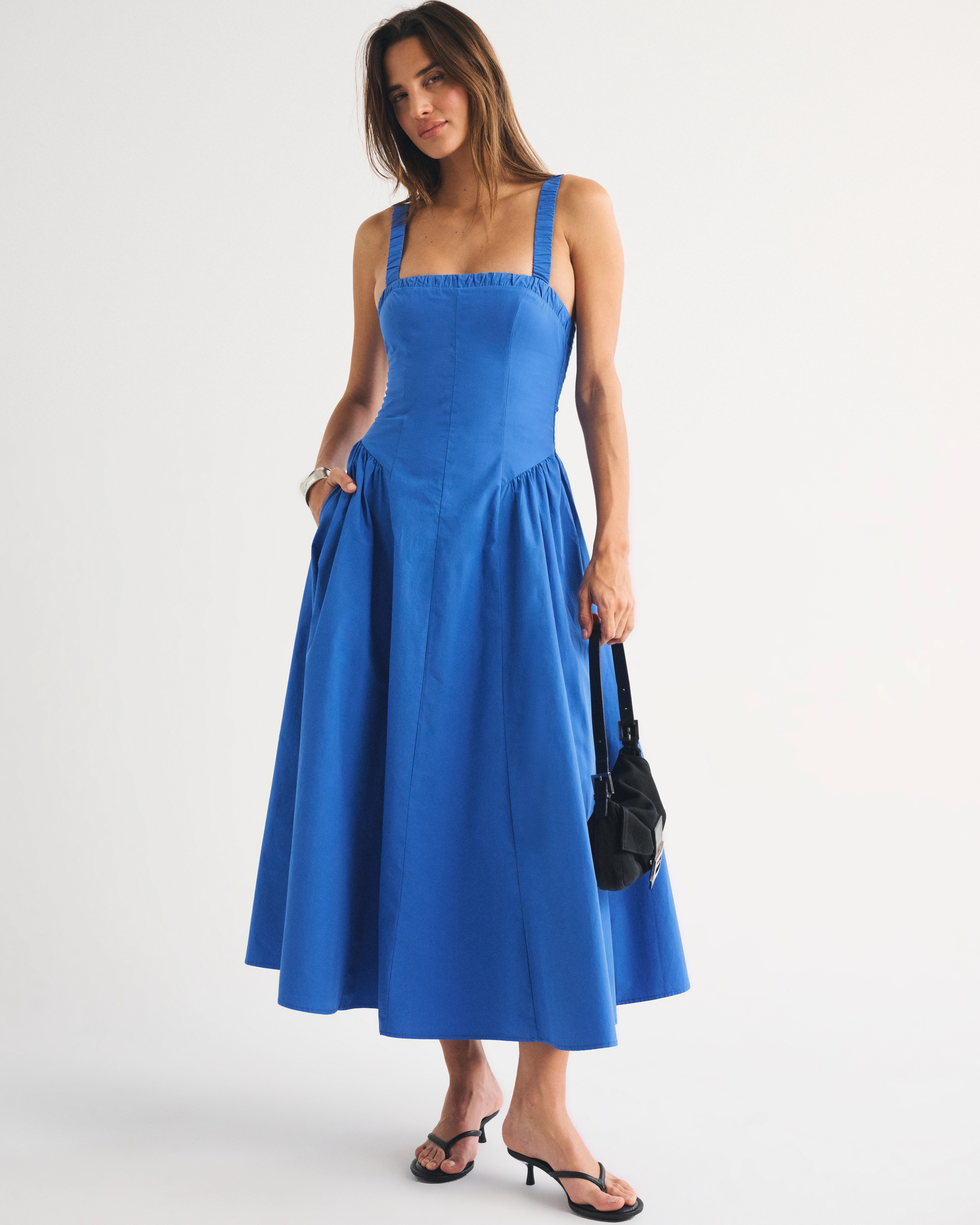 100% Cotton Ruched Neckline Dipped Waist Midi Dress | Abercrombie & Fitch (US)