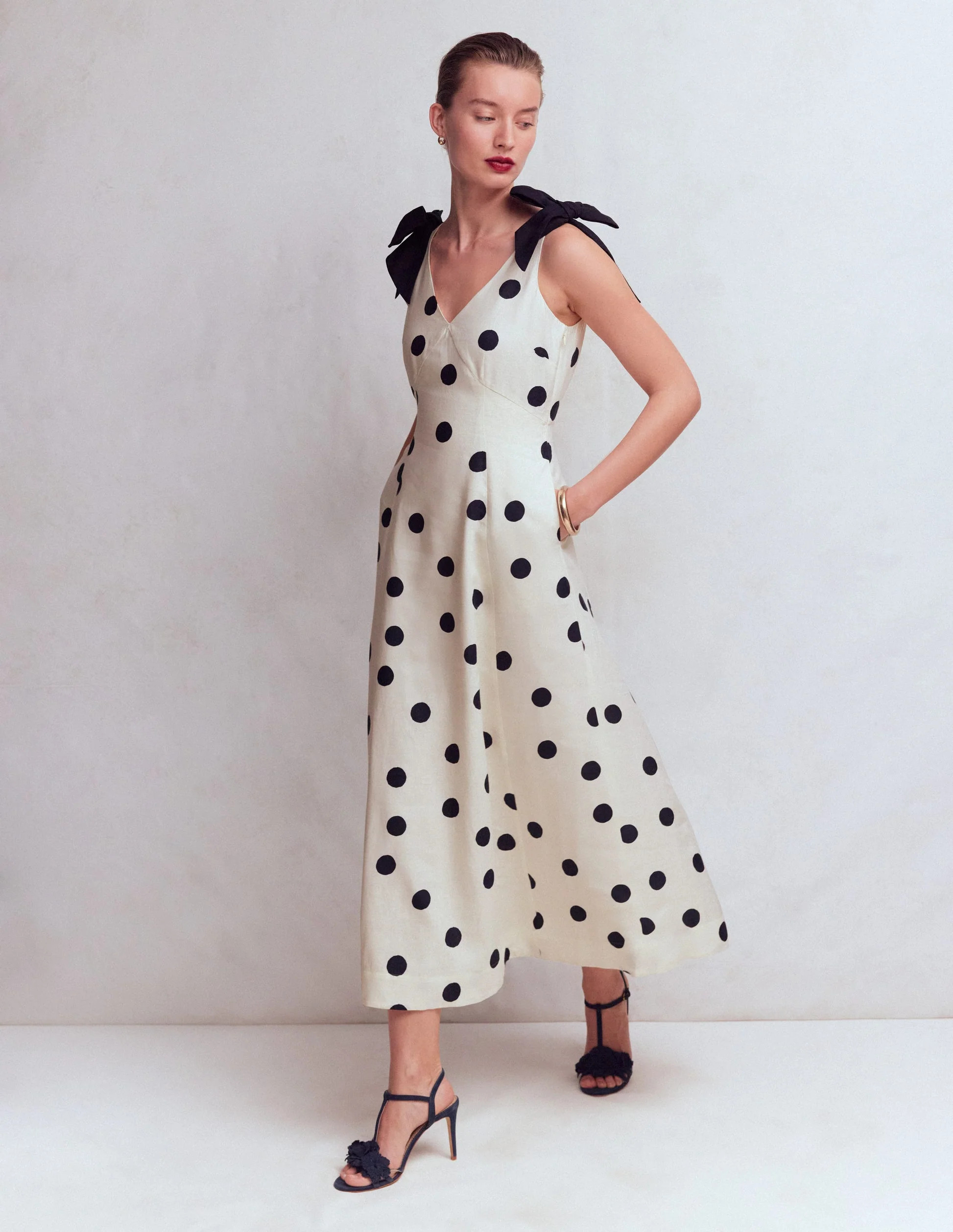 Bow Detail Linen Empire Dress-Ivory Painted Dot Spaced | Boden (US)