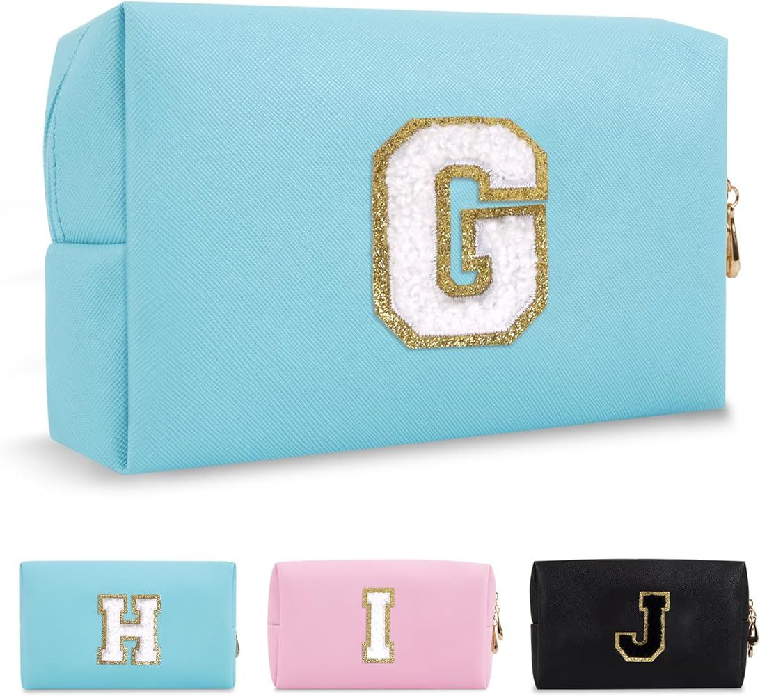Small Personalized Initial A-Z Preppy Patch Makeup Bag,PU Chenille Letter Travel Cosmetic Pouch w... | Amazon (US)