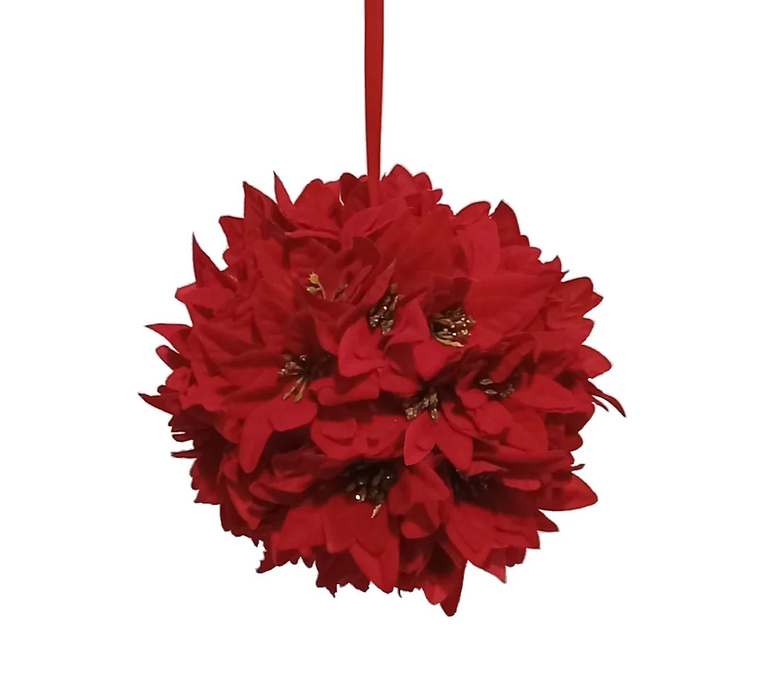 Christmas 8 Ornament Kissing Ball Beautiful Red Poinsettia Silk Flower Arch Tree Door Window Fire... | Etsy (US)