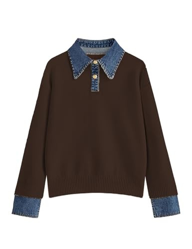 Zucige Womens Denim Lapel Polo Sweater Oversized Long Sleeve Knit Pullover with Denim Collar Cuffs Fall Casual Sweater Tops(Brown-L) | Amazon (US)
