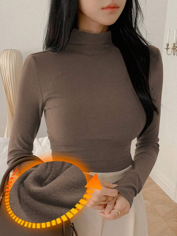 DAZY Women's Solid Color Stand Collar Fitted Warm T-Shirt, Autumn/Winter Long Sleeve Women Tops,F... | SHEIN