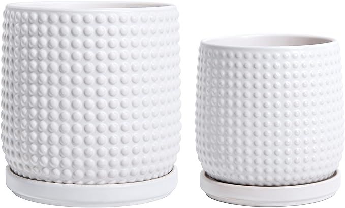 Set of 2, 4 Inch & 6 Inch Beaded Stoneware Planter Pot with Drainage Hole and Saucer, Matte White... | Amazon (US)